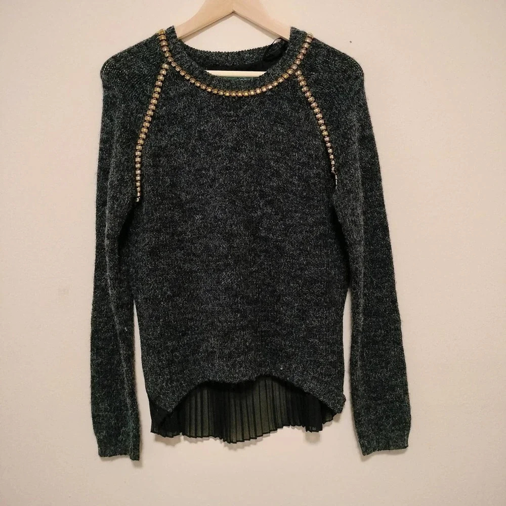 Karlie Size M/L Black Embellish Neckline Sheer pleated back Sweater